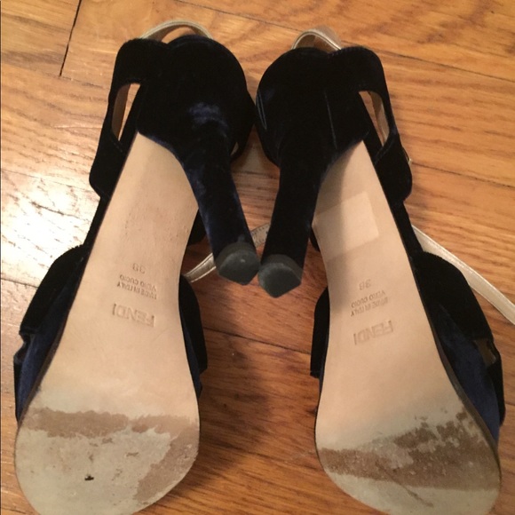 Fendi Navy Velvet & Gold Logo Leather Heels 7.5/38 - Picture 7 of 7